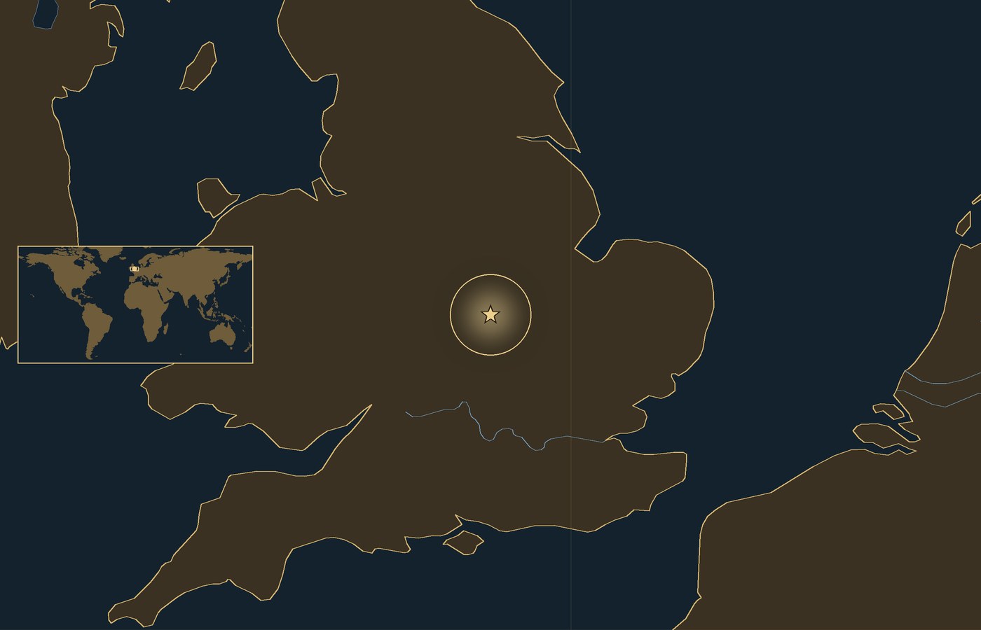 Dark locator map with a gold star in a glowing circle marking the approximate site of Battle of Naseby, the coasts, rivers and lakes of the region, and a small world map inset with the area boxed