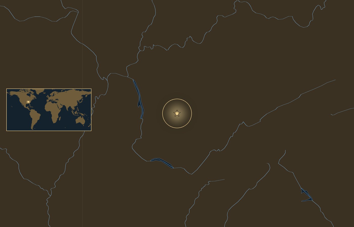 Ciemna mapa lokalizacyjna ze złotą gwiazdką w świecącym kółku, która wskazuje przybliżone miejsce bitwy: Bitwa pod Nashville, z wybrzeżami, rzekami i jeziorami regionu oraz małą wkładką z mapą świata, na której zaznaczono ten obszar
