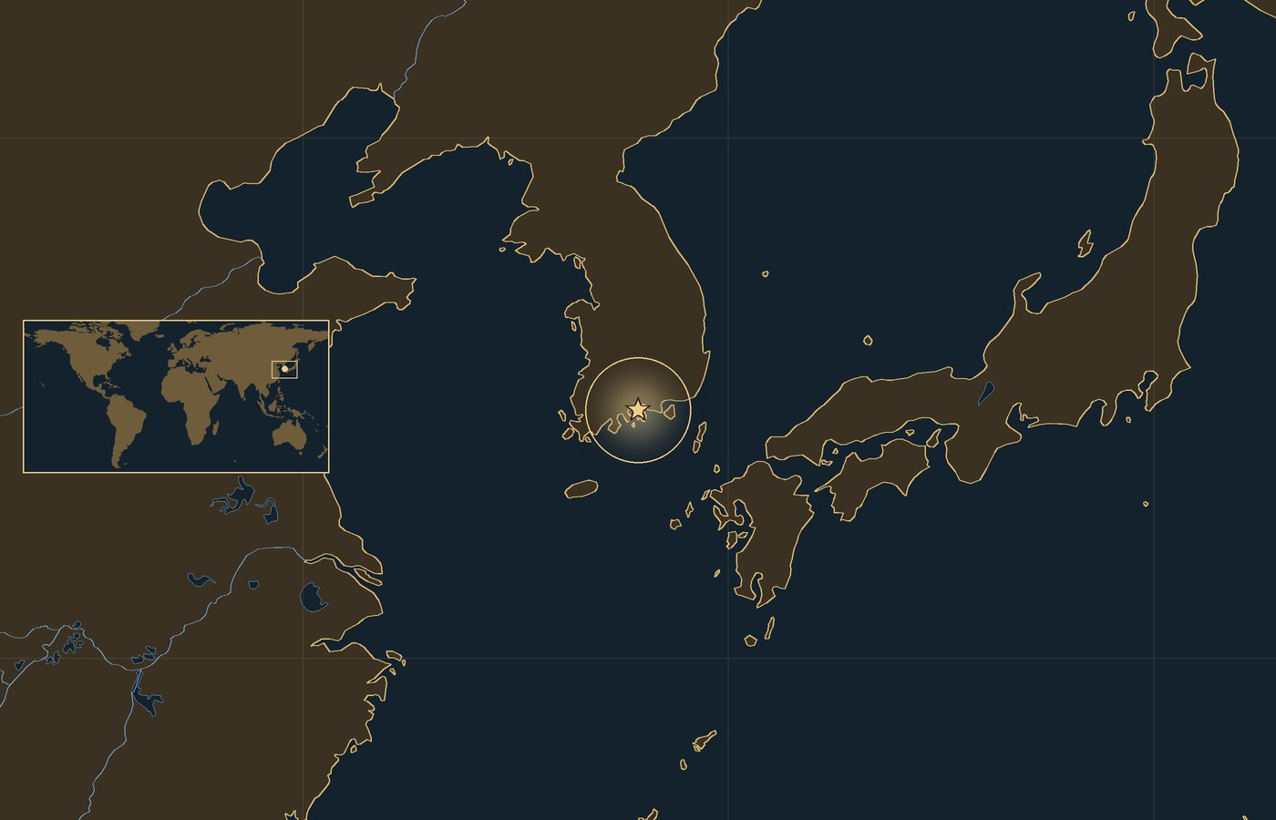 Dark locator map with a gold star in a glowing circle marking the approximate site of Battle of Noryang, the coasts, rivers and lakes of the region, and a small world map inset with the area boxed