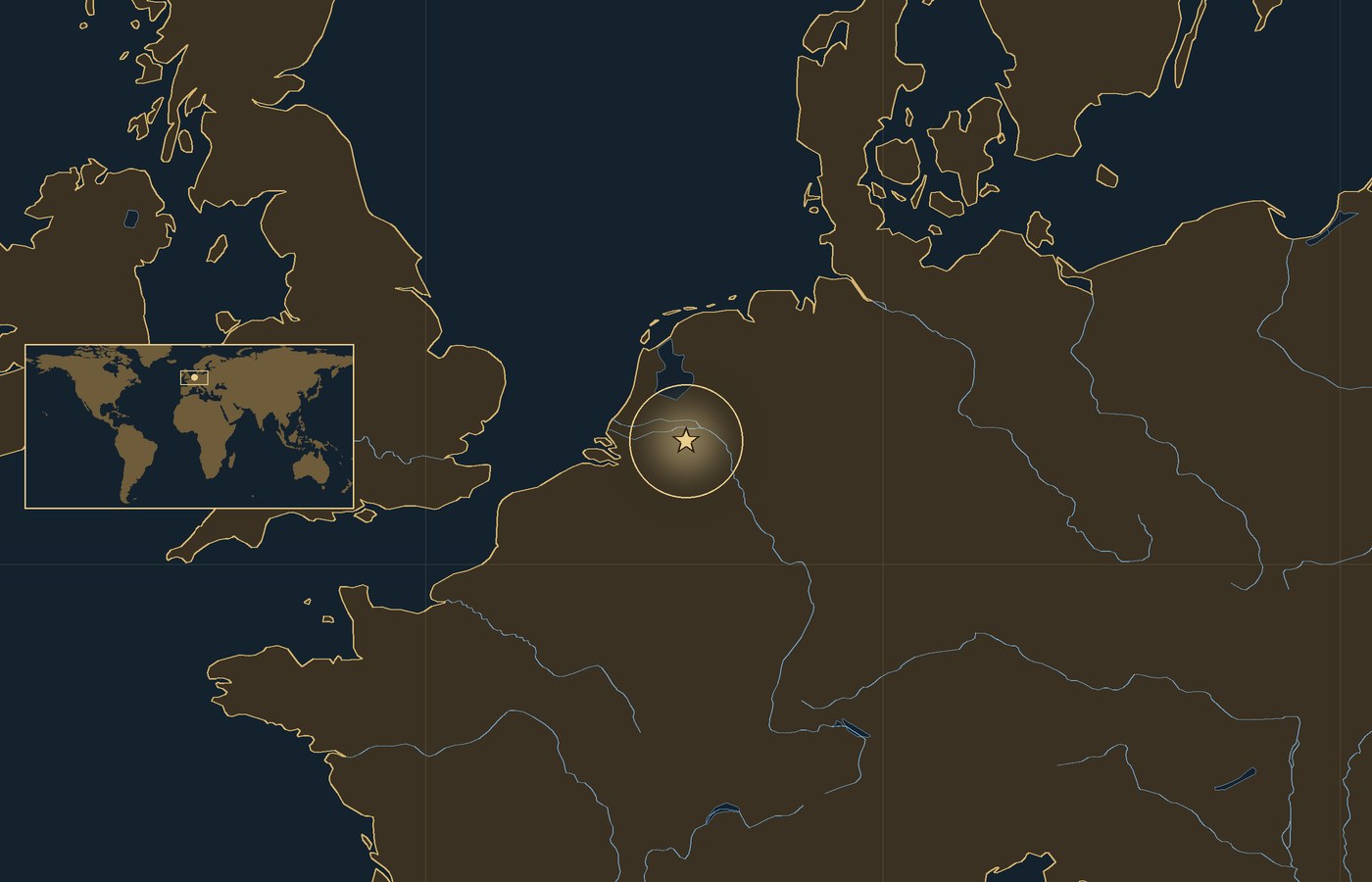 Dark locator map with a gold star in a glowing circle marking the approximate center of the fighting of Operation Market Garden, the coasts, rivers and lakes of the region, and a small world map inset with the area boxed