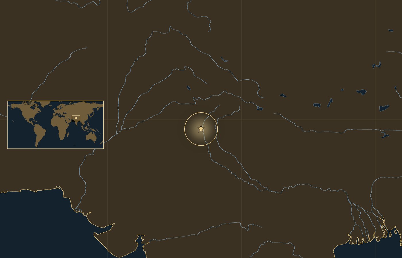 Dark locator map with a gold star in a glowing circle marking the approximate site of Second Battle of Panipat, the coasts, rivers and lakes of the region, and a small world map inset with the area boxed