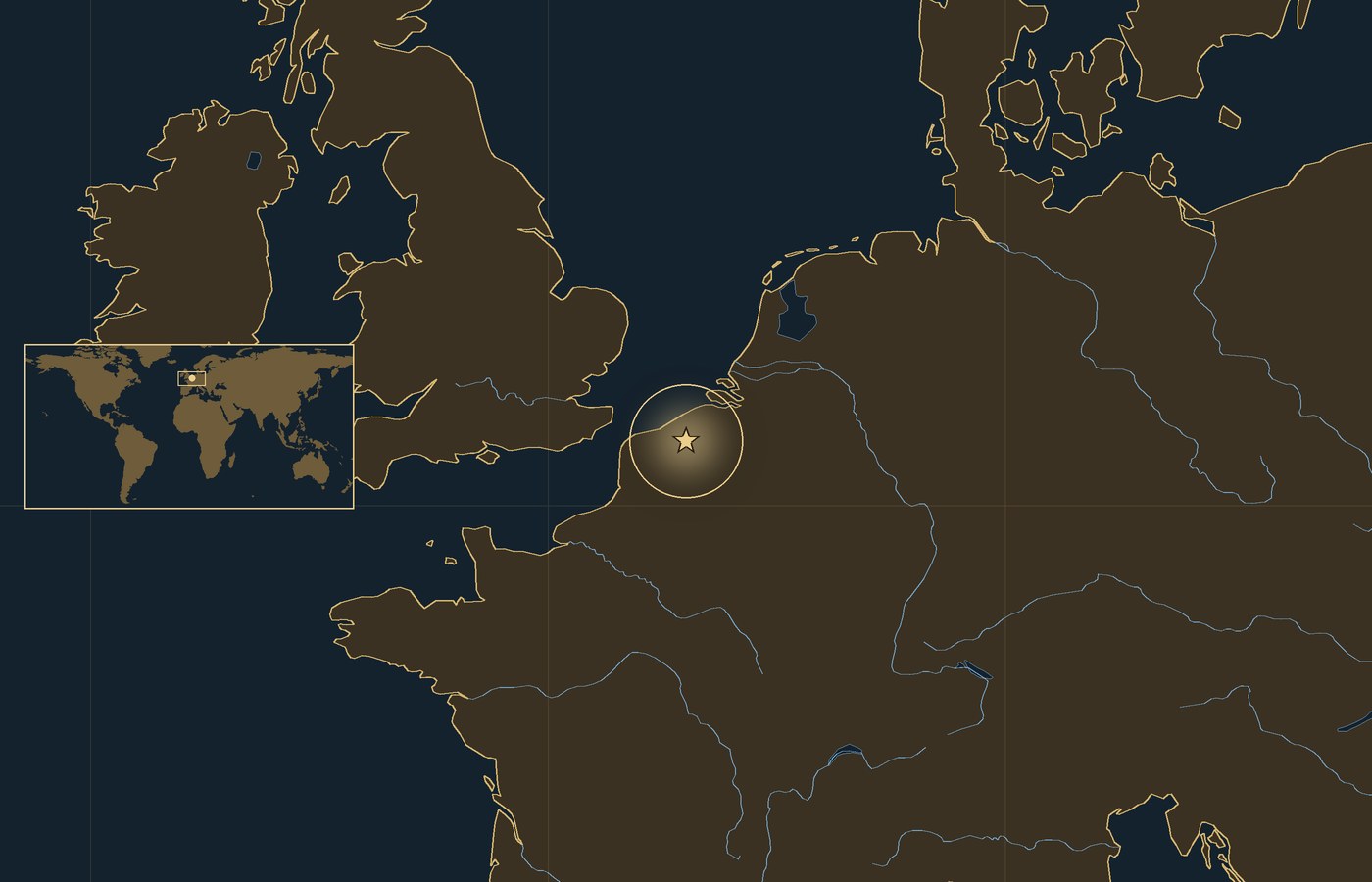 Dark locator map with a gold star in a glowing circle marking the approximate center of the fighting of the Battle of Passchendaele, the coasts, rivers and lakes of the region, and a small world map inset with the area boxed