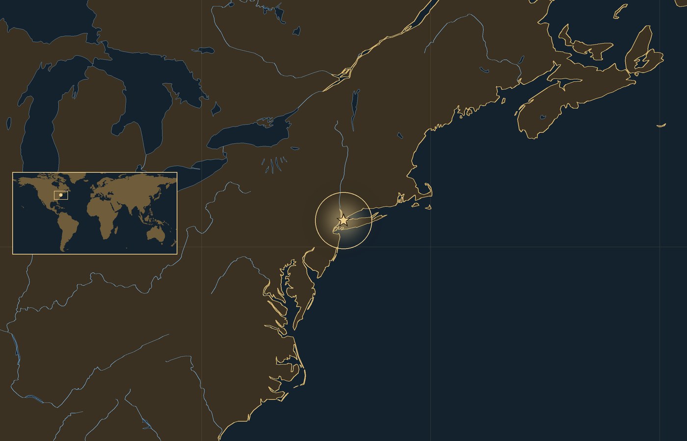 Dark locator map with a gold star in a glowing circle marking the approximate site of Battle of Pell's Point, the coasts, rivers and lakes of the region, and a small world map inset with the area boxed