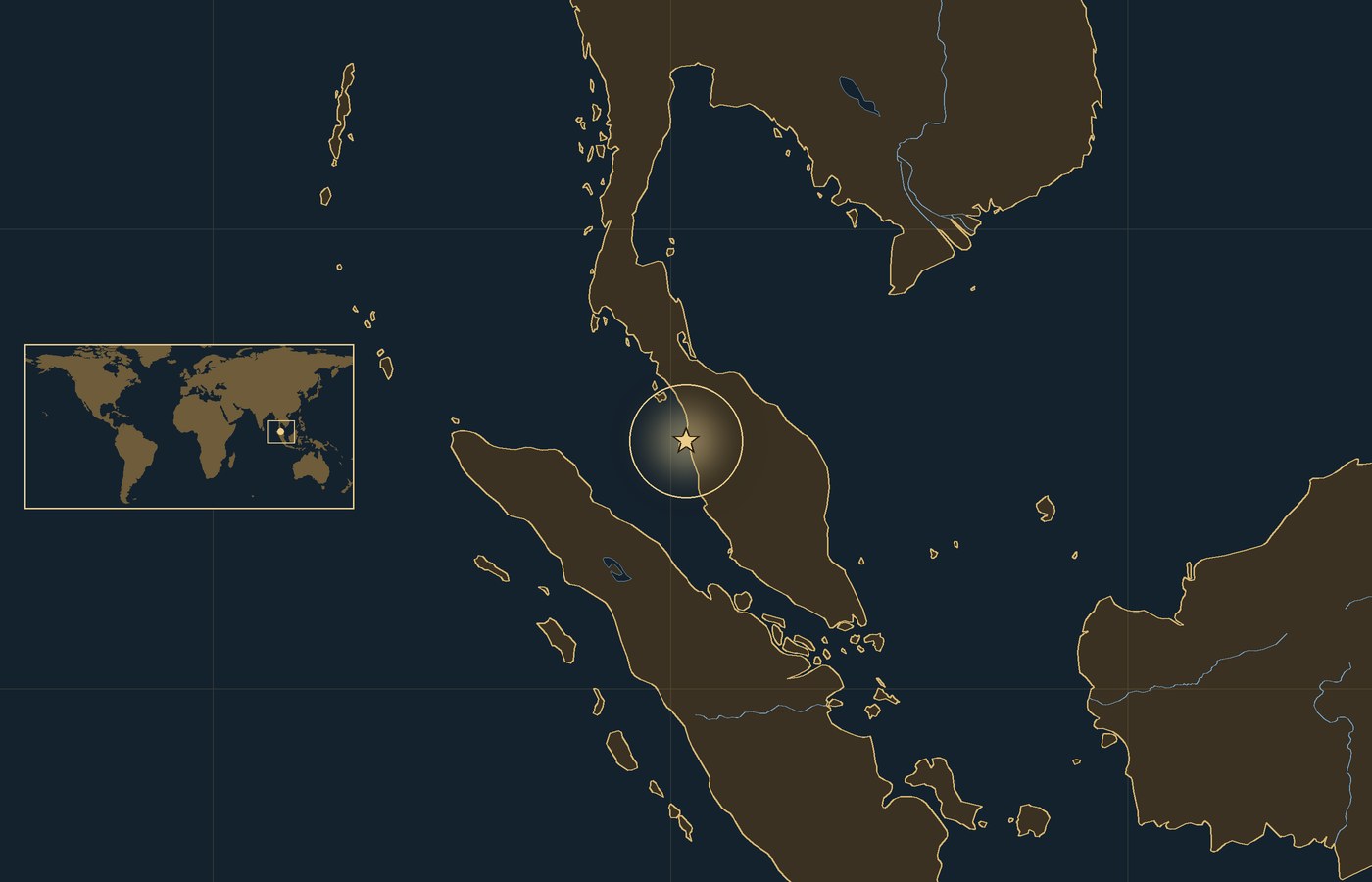 Dark locator map with a gold star in a glowing circle marking the approximate site of Battle of Penang, the coasts, rivers and lakes of the region, and a small world map inset with the area boxed