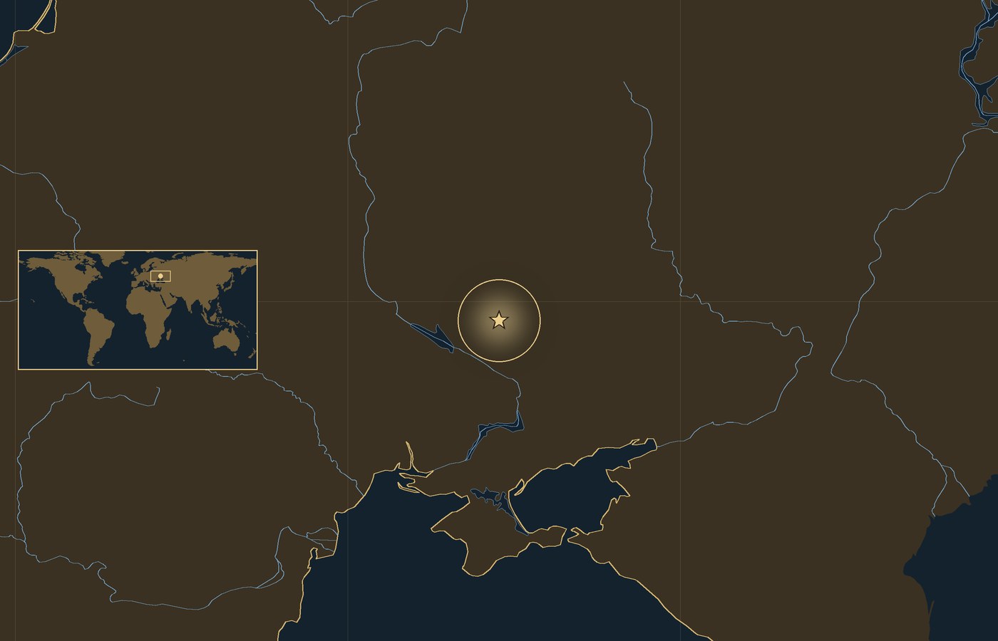 Dark locator map with a gold star in a glowing circle marking the approximate site of Battle of Poltava, the coasts, rivers and lakes of the region, and a small world map inset with the area boxed
