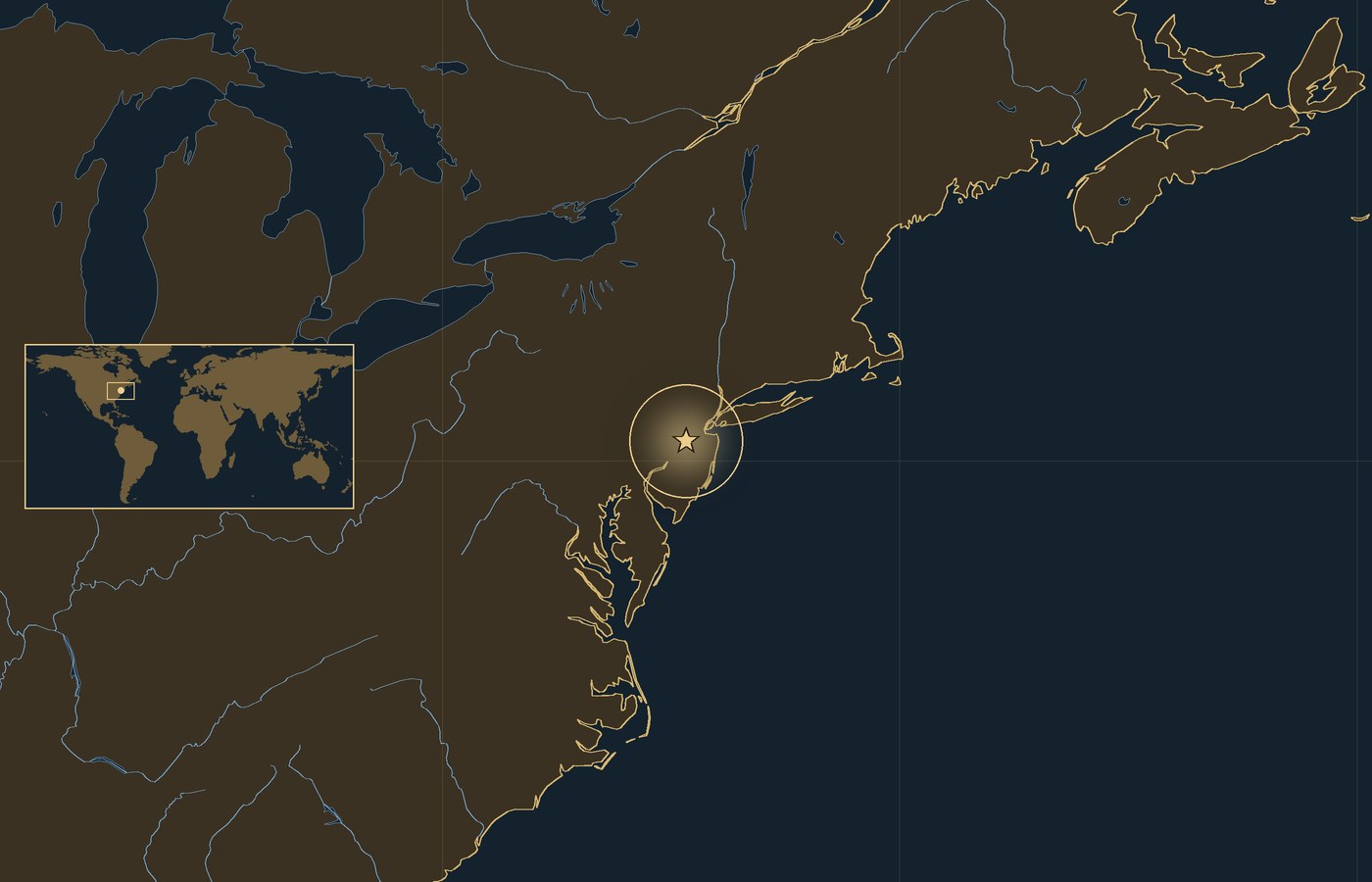 Ciemna mapa lokalizacyjna ze złotą gwiazdką w świecącym kółku, która wskazuje przybliżone miejsce bitwy: Bitwa pod Princeton, z wybrzeżami, rzekami i jeziorami regionu oraz małą wkładką z mapą świata, na której zaznaczono ten obszar
