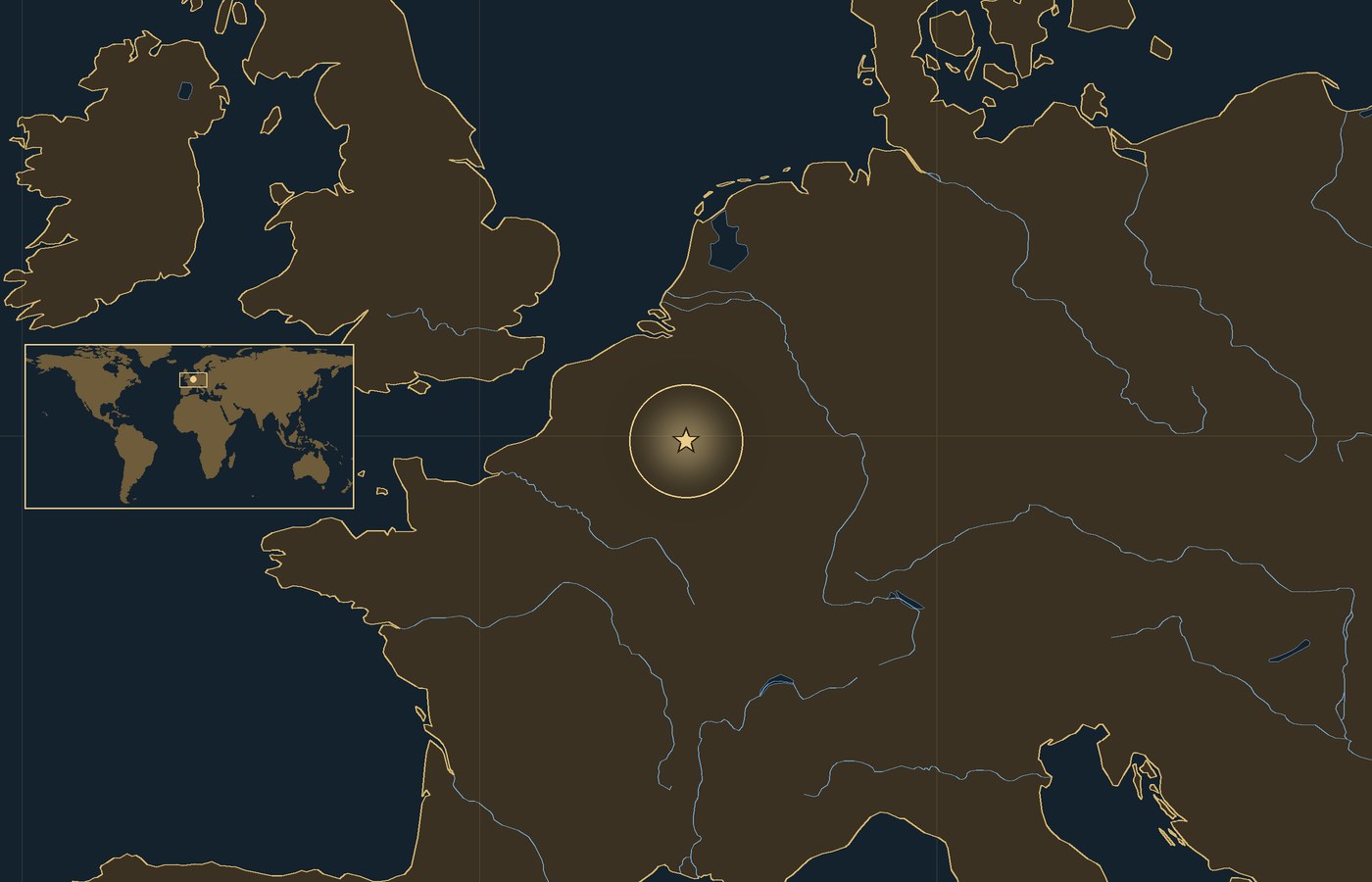 Dark locator map with a gold star in a glowing circle marking the approximate site of Battle of Rocroi, the coasts, rivers and lakes of the region, and a small world map inset with the area boxed