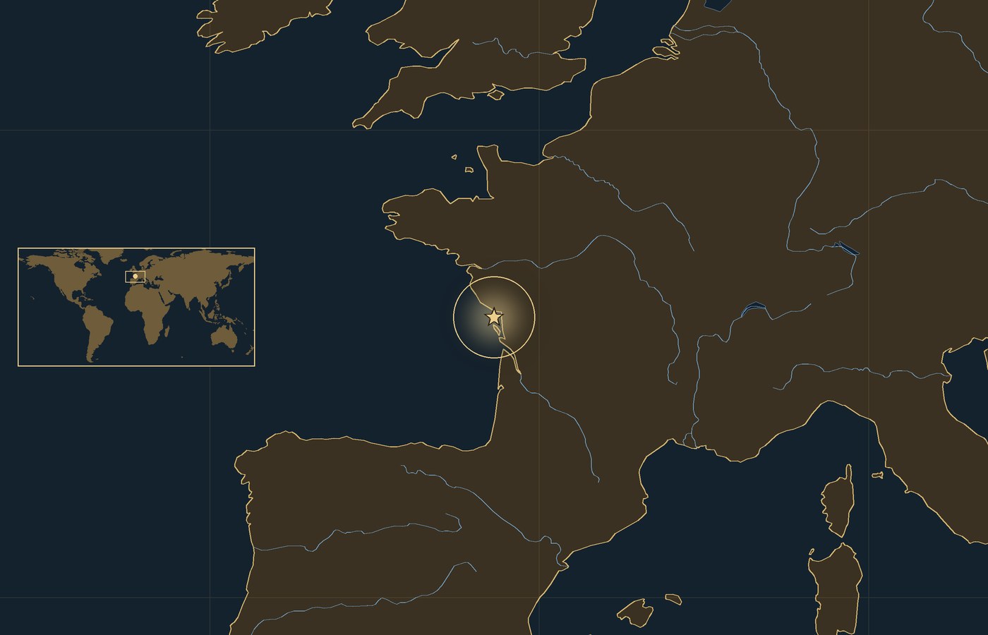 Dark locator map with a gold star in a glowing circle marking the approximate site of Battle of Saint-Martin-de-Ré, the coasts, rivers and lakes of the region, and a small world map inset with the area boxed