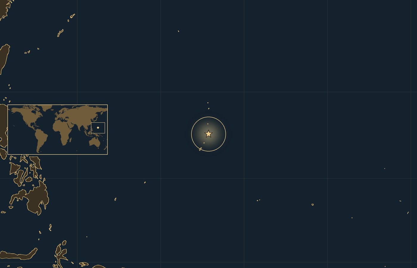 Dark locator map with a gold star in a glowing circle marking the approximate center of the fighting of The Battle of Saipan, the coasts, rivers and lakes of the region, and a small world map inset with the area boxed