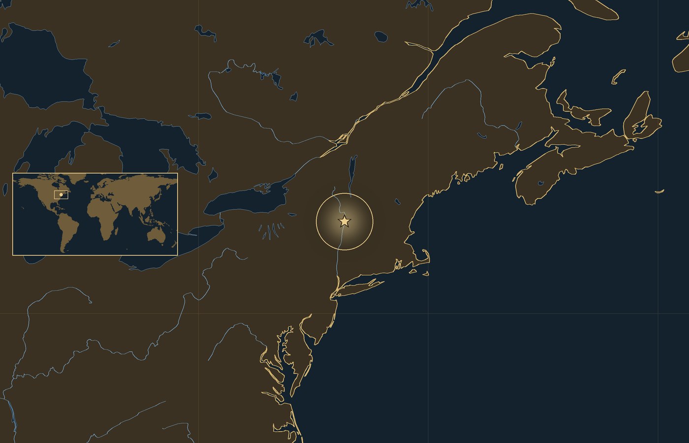 Dark locator map with a gold star in a glowing circle marking the approximate site of the Battle of Saratoga, the coasts, rivers and lakes of the region, and a small world map inset with the area boxed