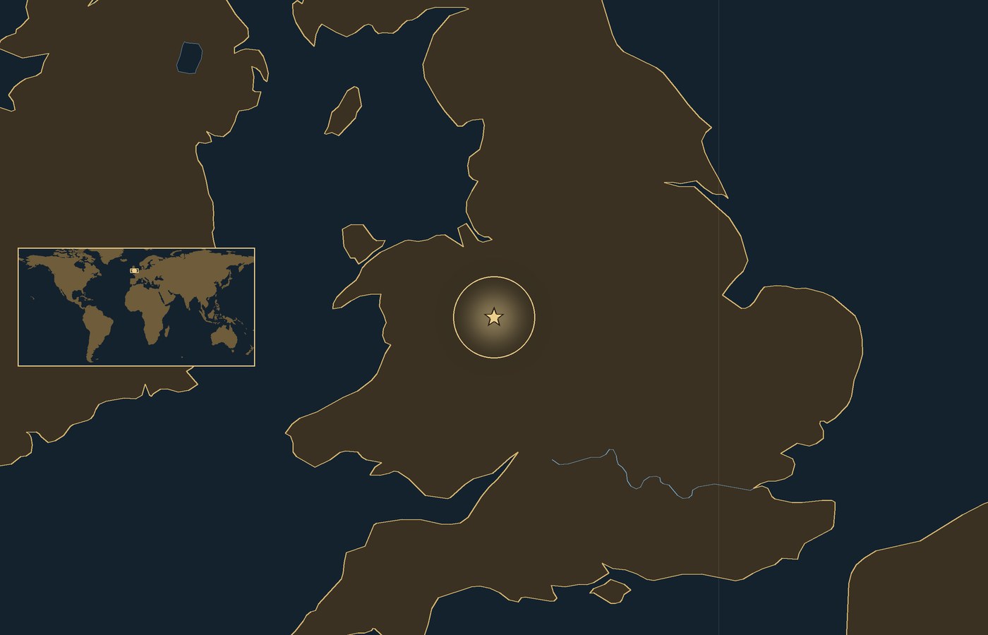 Dark locator map with a gold star in a glowing circle marking the approximate site of Battle of Shrewsbury, the coasts, rivers and lakes of the region, and a small world map inset with the area boxed