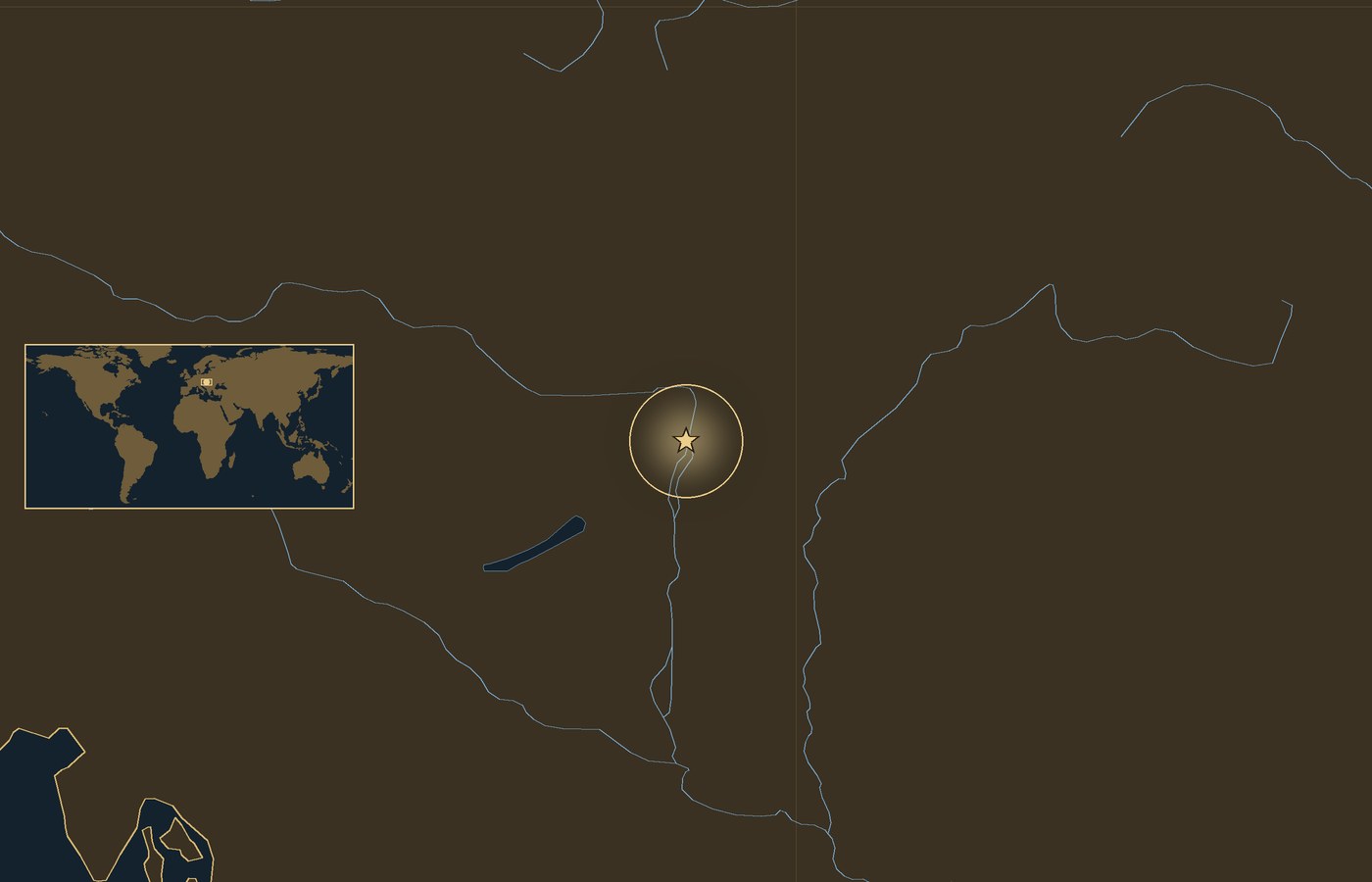 Dark locator map with a gold star in a glowing circle marking the approximate center of the fighting of The Siege of Budapest, the coasts, rivers and lakes of the region, and a small world map inset with the area boxed