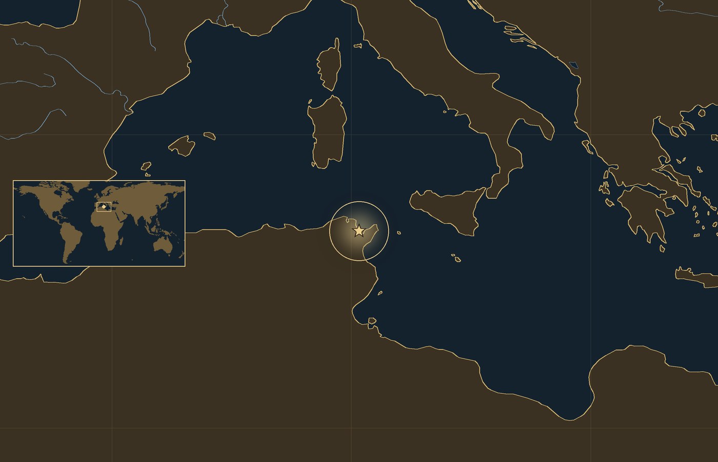 Dark locator map with a gold star in a glowing circle marking the approximate site of Siege of Carthage, the coasts, rivers and lakes of the region, and a small world map inset with the area boxed