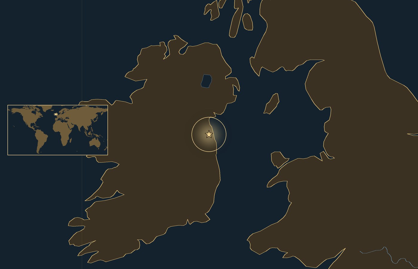 Dark locator map with a gold star in a glowing circle marking the approximate site of Siege of Drogheda, the coasts, rivers and lakes of the region, and a small world map inset with the area boxed