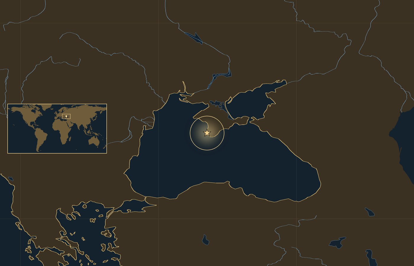 Dark locator map with a gold star in a glowing circle marking the approximate site of Siege of Sevastopol, the coasts, rivers and lakes of the region, and a small world map inset with the area boxed