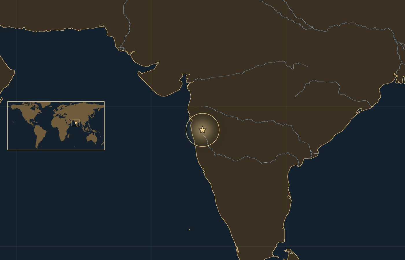 Dark locator map with a gold star in a glowing circle marking the approximate site of Battle of Sinhagad, the coasts, rivers and lakes of the region, and a small world map inset with the area boxed