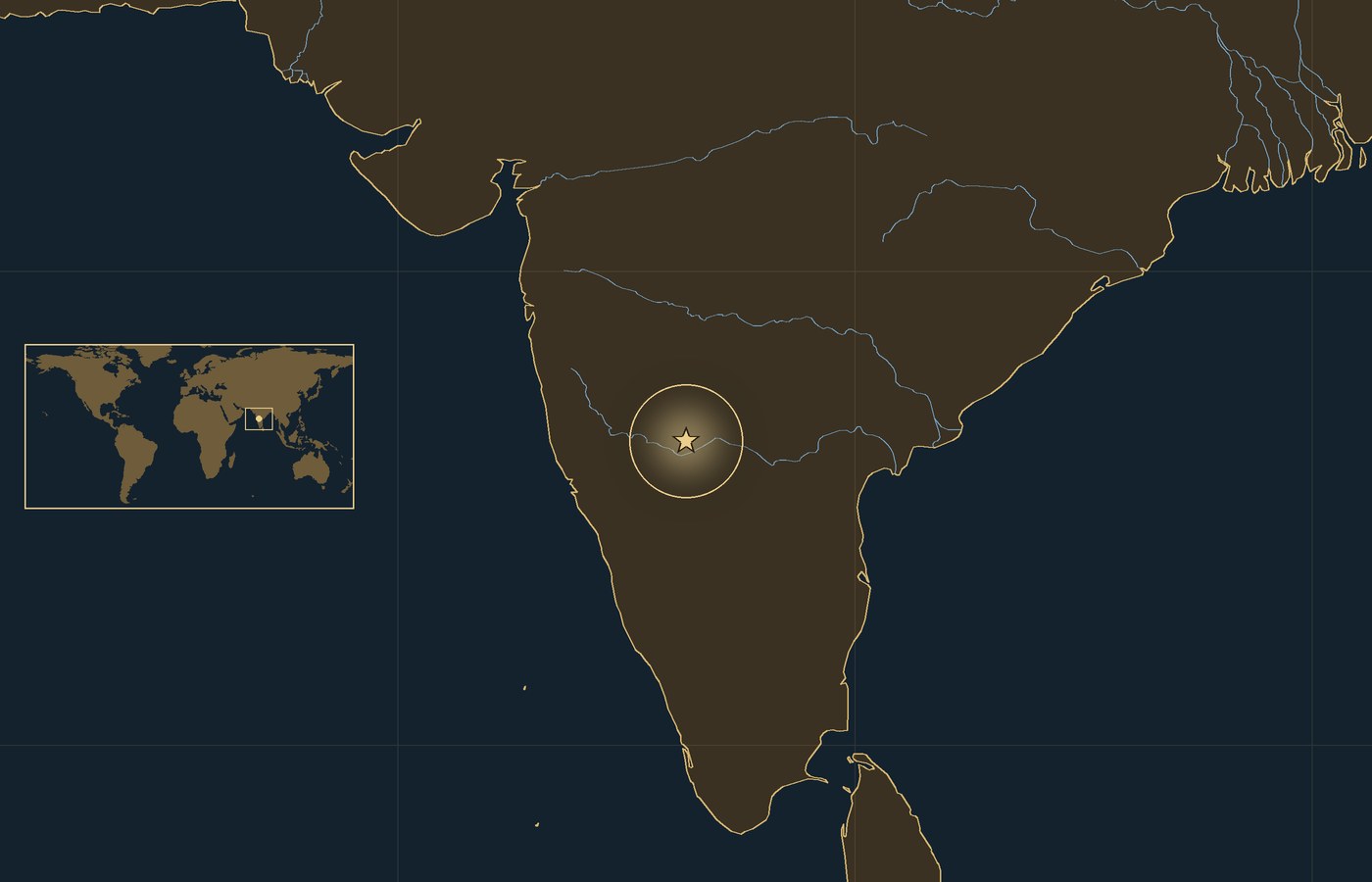 Dark locator map with a gold star in a glowing circle marking the approximate site of Battle of Talikota, the coasts, rivers and lakes of the region, and a small world map inset with the area boxed