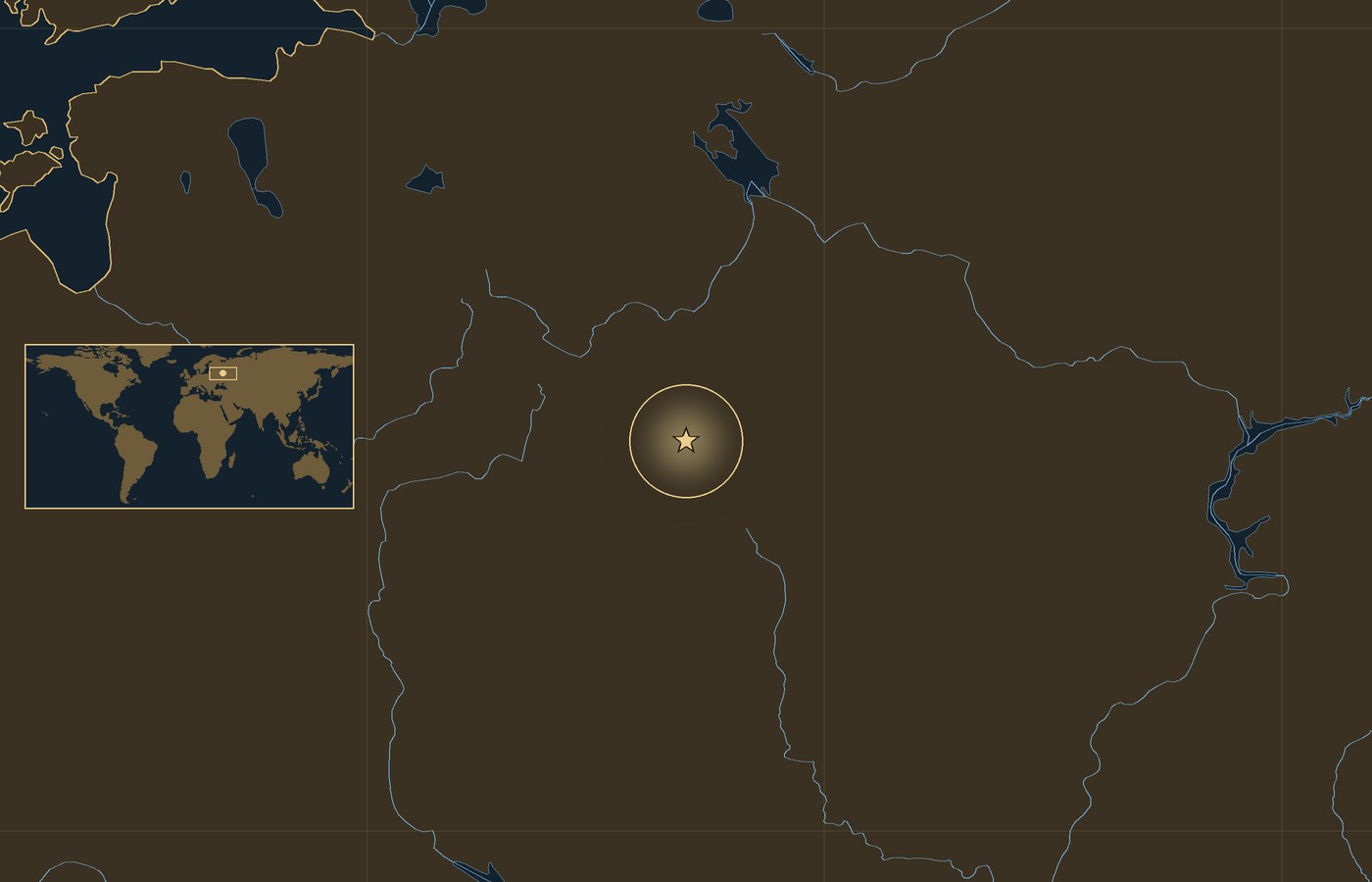 Dark locator map with a gold star in a glowing circle marking the approximate site of Battle of Tarutino, the coasts, rivers and lakes of the region, and a small world map inset with the area boxed