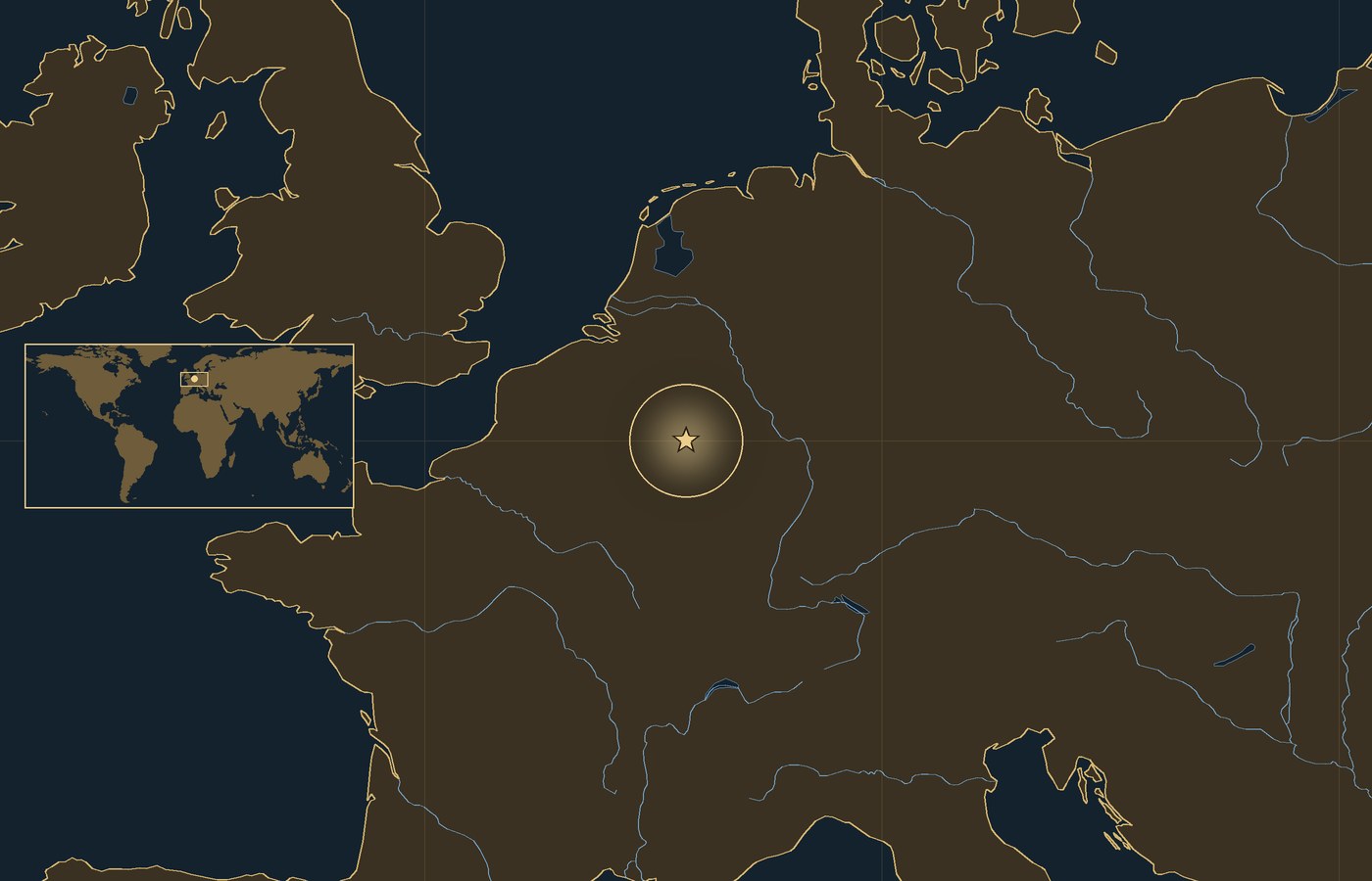 Dark locator map with a gold star in a glowing circle marking the approximate center of the fighting of the Battle of the Bulge, the coasts, rivers and lakes of the region, and a small world map inset with the area boxed