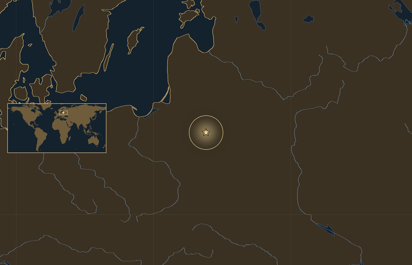 Dark locator map with a gold star in a glowing circle marking the approximate center of the fighting of Battle of the Niemen, the coasts, rivers and lakes of the region, and a small world map inset with the area boxed