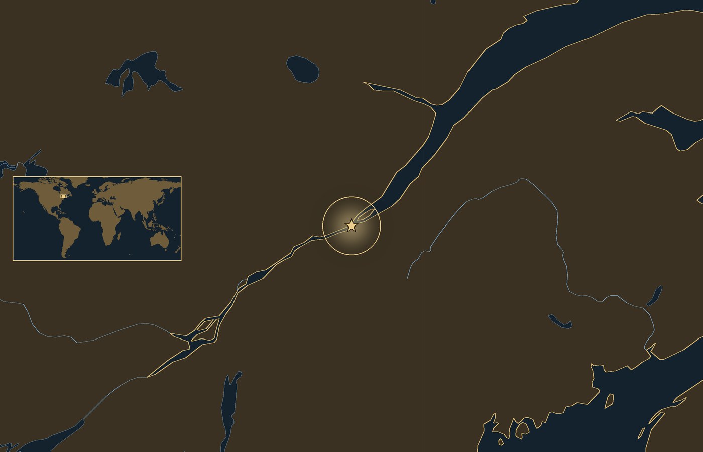 Ciemna mapa lokalizacyjna ze złotą gwiazdką w świecącym kółku, która wskazuje przybliżone miejsce bitwy: Bitwa na Równinach Abrahama, z wybrzeżami, rzekami i jeziorami regionu oraz małą wkładką z mapą świata, na której zaznaczono ten obszar