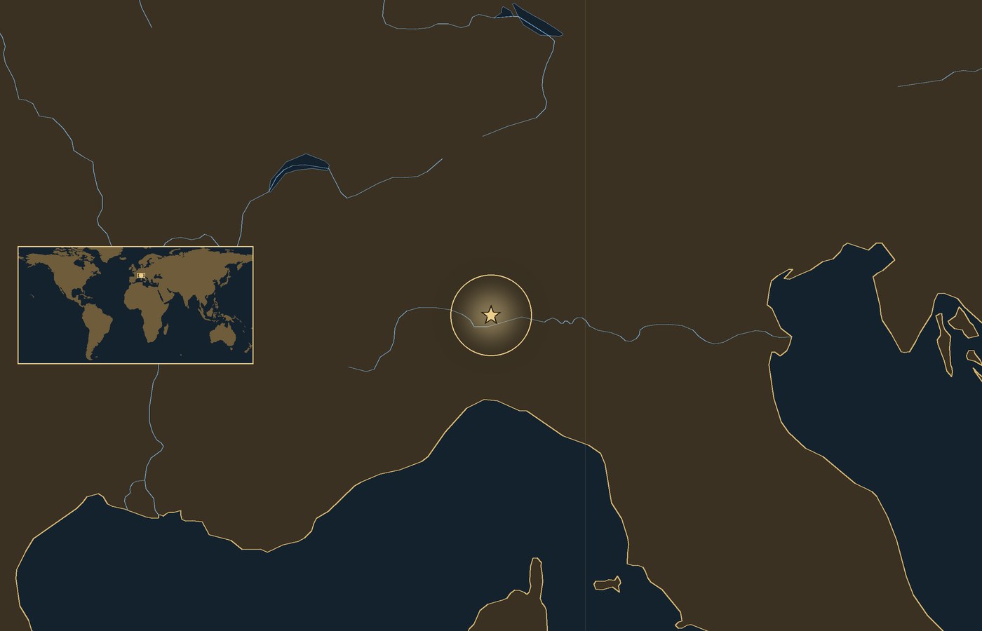 Ciemna mapa lokalizacyjna ze złotą gwiazdką w świecącym kółku, która wskazuje przybliżone miejsce bitwy: Bitwa nad Ticinusem, z wybrzeżami, rzekami i jeziorami regionu oraz małą wkładką z mapą świata, na której zaznaczono ten obszar