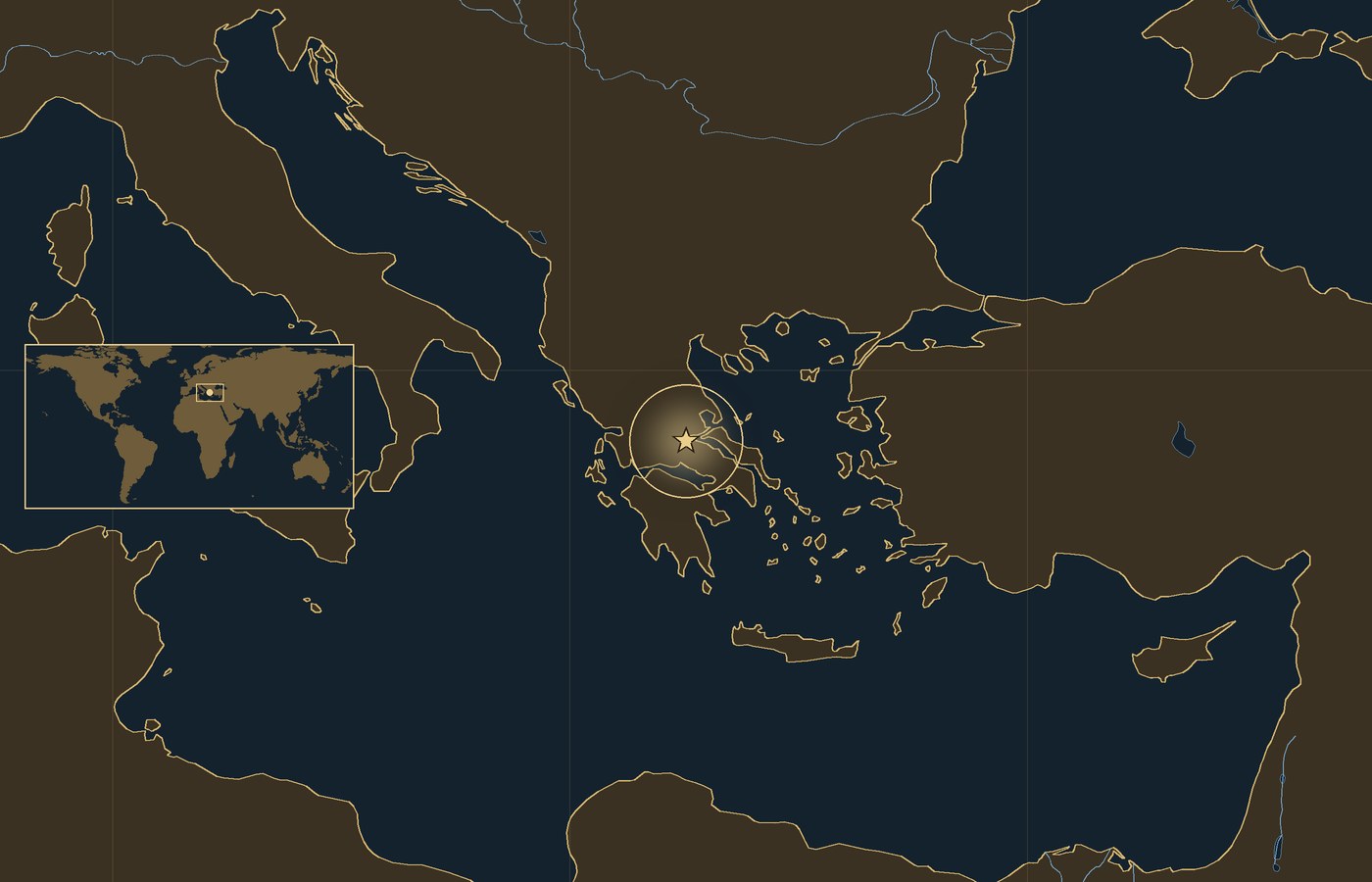 Dark locator map with a gold star in a glowing circle marking the approximate site of the Battle of Thermopylae, the coasts, rivers and lakes of the region, and a small world map inset with the area boxed