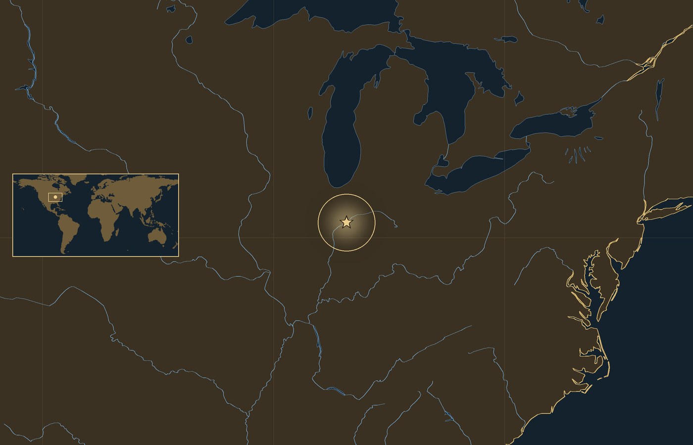 Ciemna mapa lokalizacyjna ze złotą gwiazdką w świecącym kółku, która wskazuje przybliżone miejsce bitwy: Bitwa pod Tippecanoe, z wybrzeżami, rzekami i jeziorami regionu oraz małą wkładką z mapą świata, na której zaznaczono ten obszar