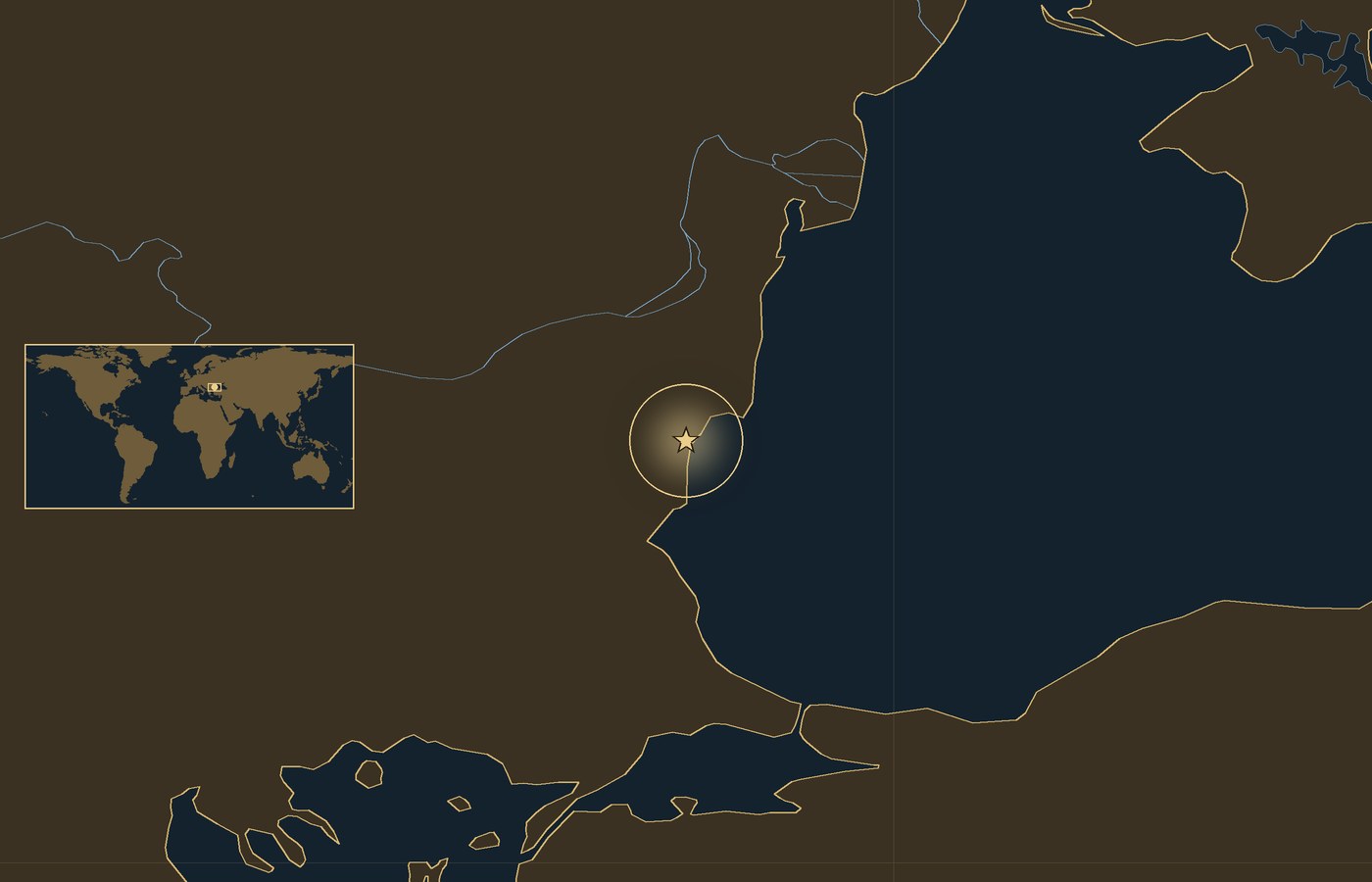 Dark locator map with a gold star in a glowing circle marking the approximate site of Battle of Varna, the coasts, rivers and lakes of the region, and a small world map inset with the area boxed