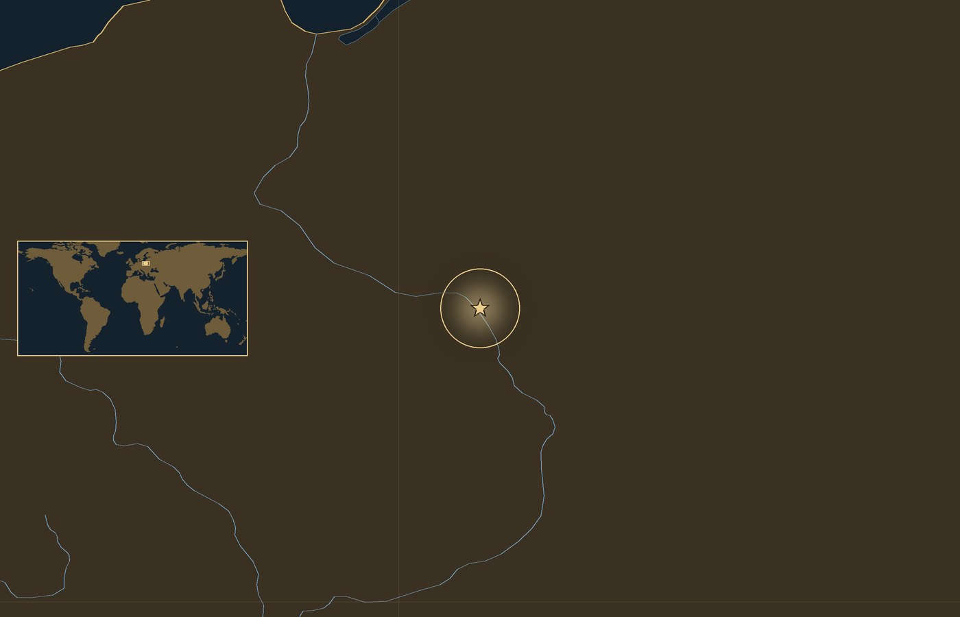 Dark locator map with a gold star in a glowing circle marking the approximate site of Battle of Warsaw, the coasts, rivers and lakes of the region, and a small world map inset with the area boxed