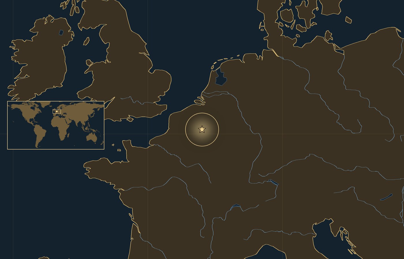 Dark locator map with a gold star in a glowing circle marking the approximate site of Battle of Wattignies, the coasts, rivers and lakes of the region, and a small world map inset with the area boxed