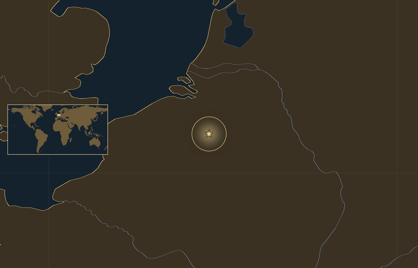 Dark locator map with a gold star in a glowing circle marking the approximate site of Battle of Wavre, the coasts, rivers and lakes of the region, and a small world map inset with the area boxed