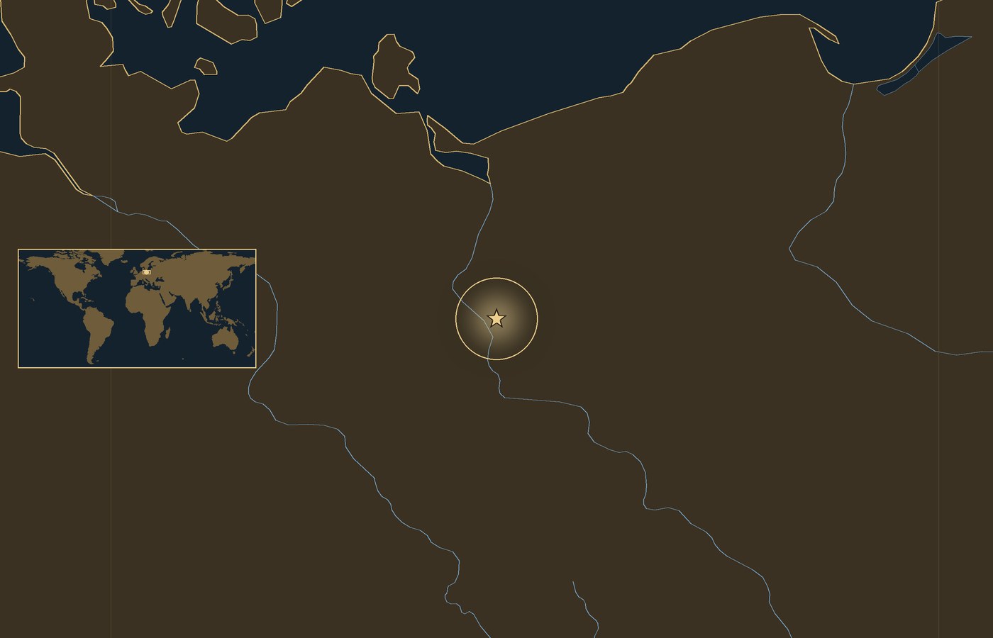 Dark locator map with a gold star in a glowing circle marking the approximate site of Battle of Zorndorf, the coasts, rivers and lakes of the region, and a small world map inset with the area boxed