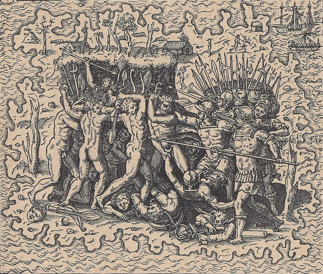Woodcut of naked warriors with spears, bows and tridents clashing with a dense group of helmeted European soldiers with pikes and halberds on a shore, a fallen European on the ground in front, and ships and a canoe in the distance