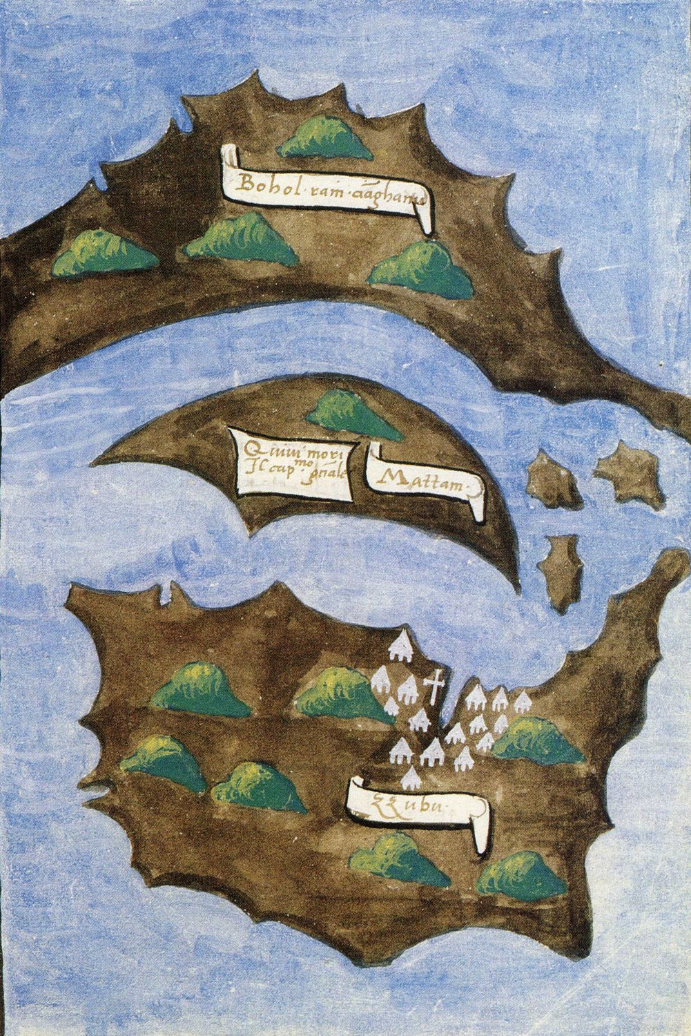 Hand painted manuscript map on blue sea with three brown islands: a long curved island labeled Bohol at the top, a smaller crescent labeled Mattam with a second scroll in the middle, and a large island labeled Zubu at the bottom with white houses and a cross