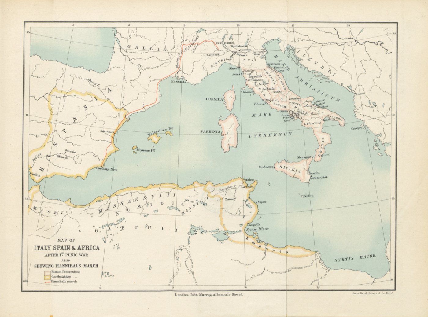 Dawna mapa zachodniej części Morza Śródziemnego z Italią, Hiszpanią i Afryką Północną