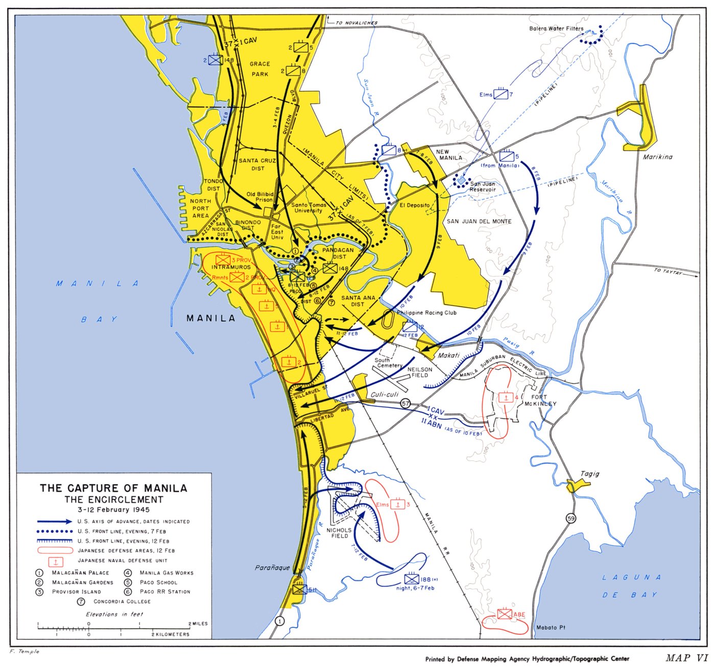 Colored map of Manila and its suburbs between Manila Bay and Laguna de Bay, with blue arrows of American advances marked with dates, dotted and toothed American front lines, and red outlines of Japanese defense areas around Intramuros, Nichols Field and Fort McKinley