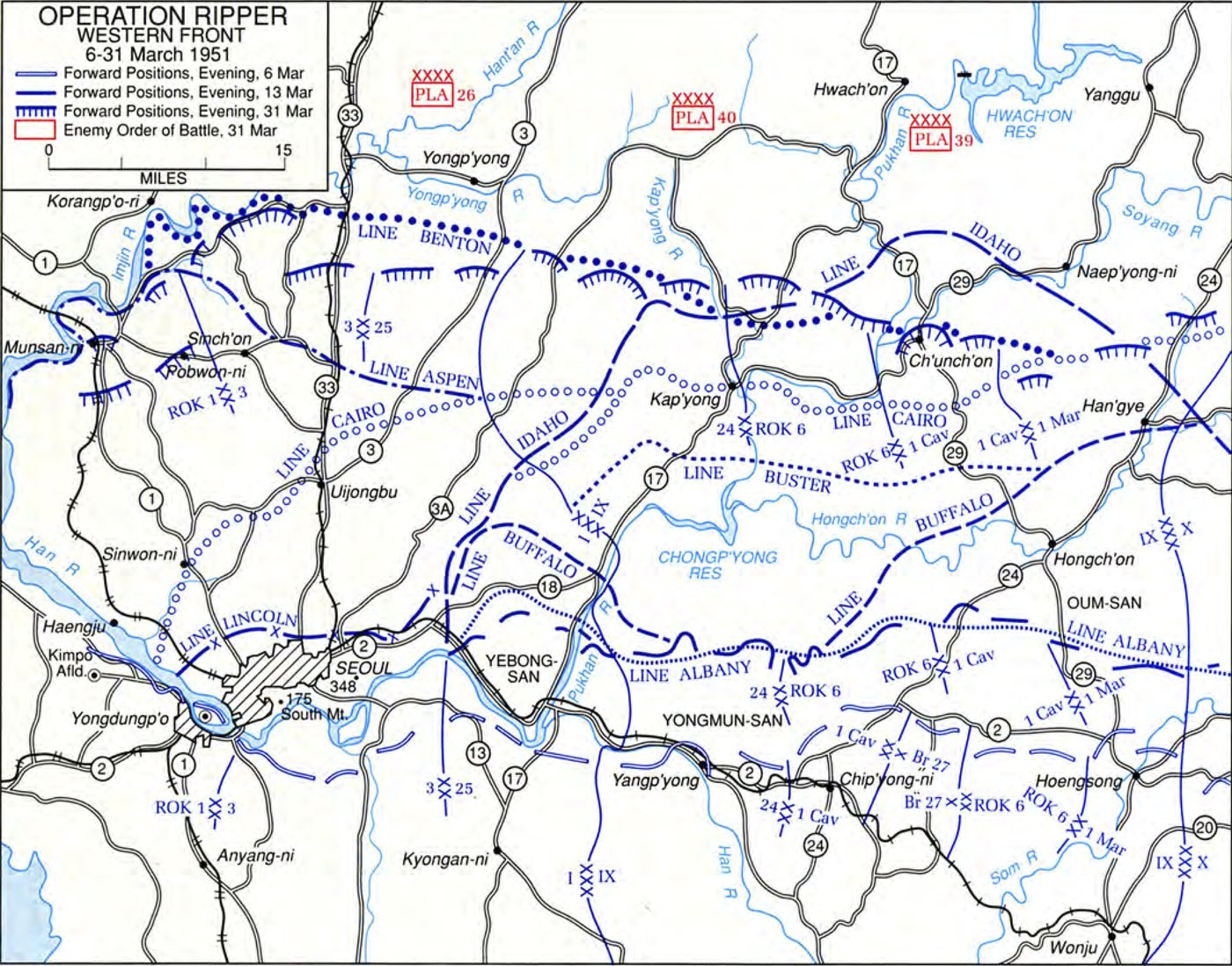 Military map of central Korea with phase lines of the UN advance in March 1951
