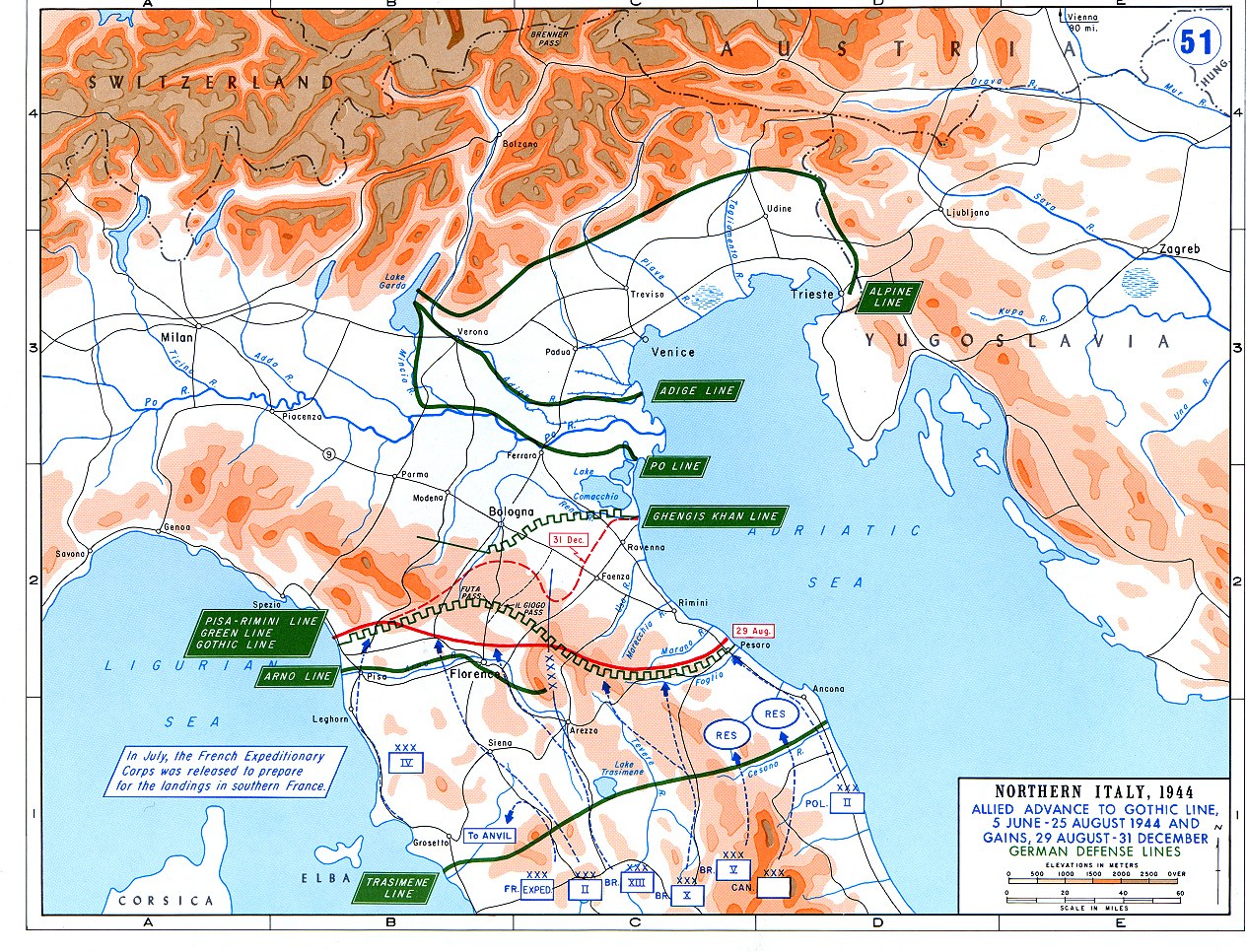 Barwna mapa plastyczna północnych Włoch: zielone niemieckie linie obronne, w tym linia Gotów od La Spezii do Pesaro, niebieskie symbole korpusów alianckich, wśród nich 2. Korpus Polski nad Adriatykiem, i czerwone linie zdobyczy aliantów z sierpnia i grudnia 1944 roku.