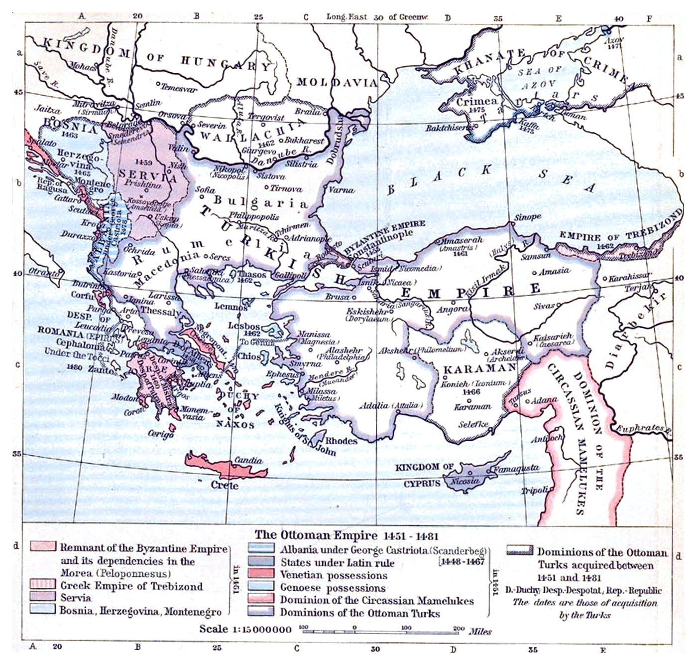 Historical map of the Balkans and Anatolia showing Ottoman territory in 1451 and 1481