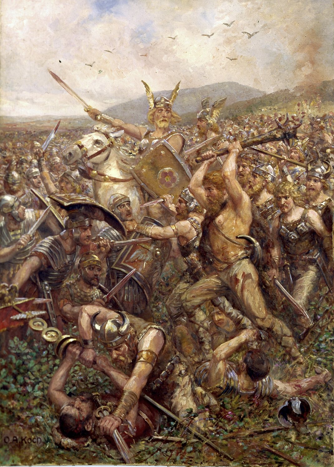 Painting of Germanic warriors attacking Roman legionaries among the trees of a dark forest