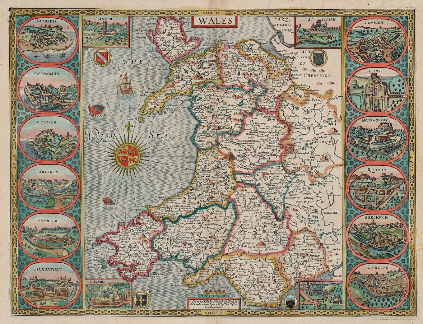 Ręcznie kolorowana XVII-wieczna mapa Walii z podziałem na hrabstwa, otoczona małymi widokami miast hrabstw z lotu ptaka, z okrętami i różą wiatrów na Morzu Irlandzkim