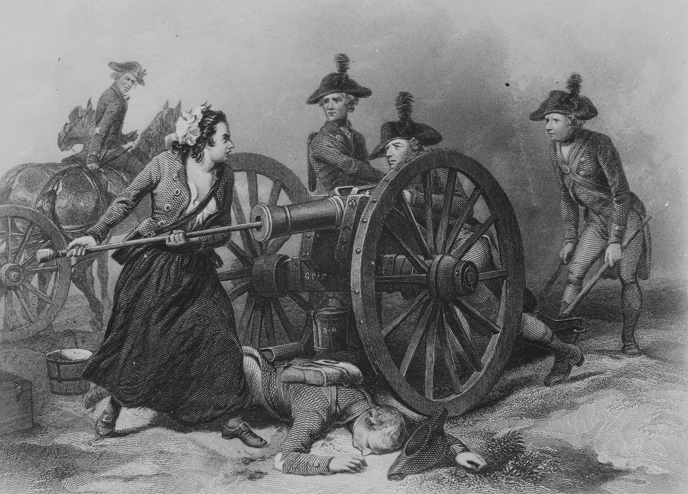 Engraving of a woman with a flower in her hair ramming a cannon while a soldier lies beneath the gun and three artillerymen in cocked hats look on