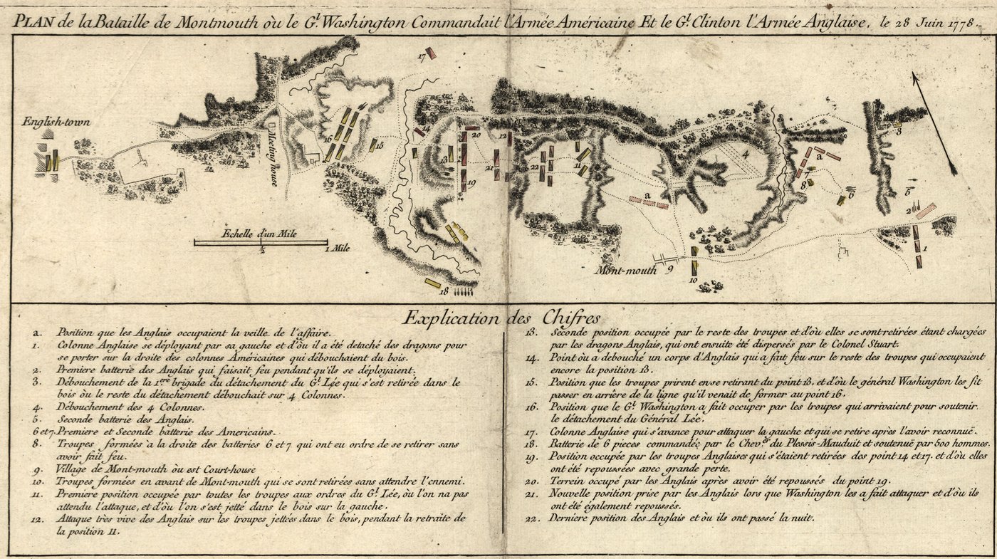 Hand-colored 18th century French battle plan with hills, roads and colored troop blocks between Englishtown and Monmouth, with a numbered key below