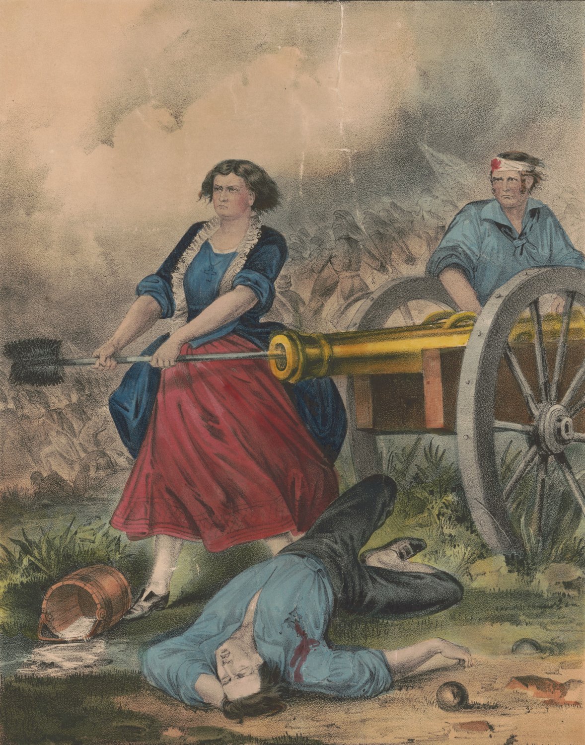 Hand-colored lithograph of a woman in a red skirt ramming a brass cannon, a fallen man in blue at her feet and an overturned bucket spilling water