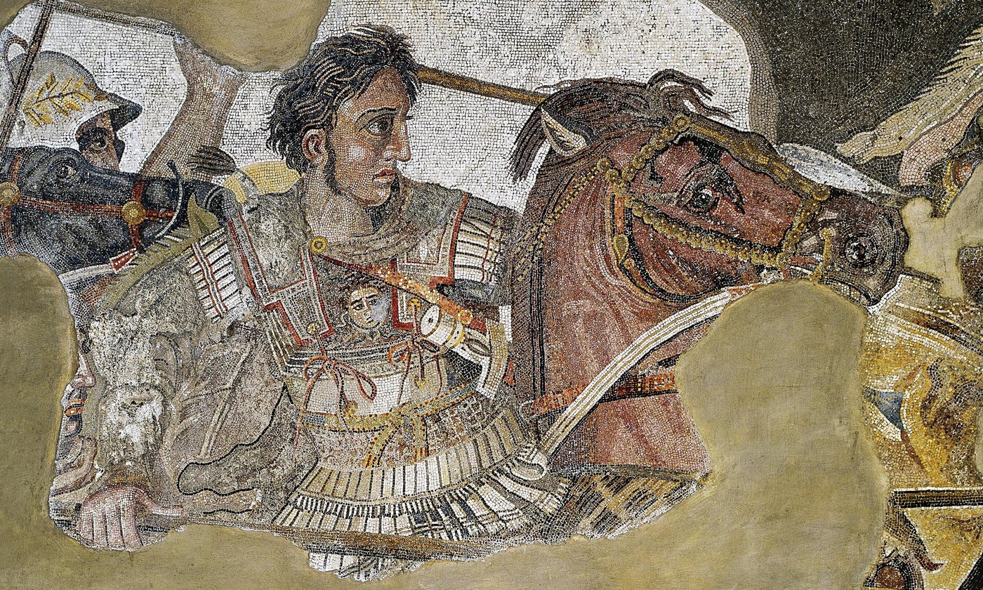 Ancient mosaic of Alexander the Great on horseback, bareheaded, in battle