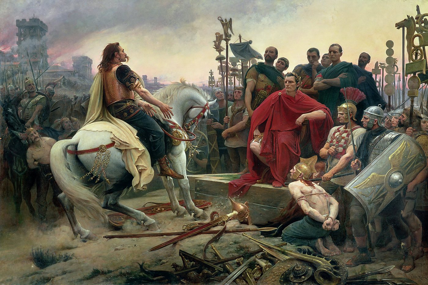 Painting of the Gallic chief on horseback before Caesar seated among his legions