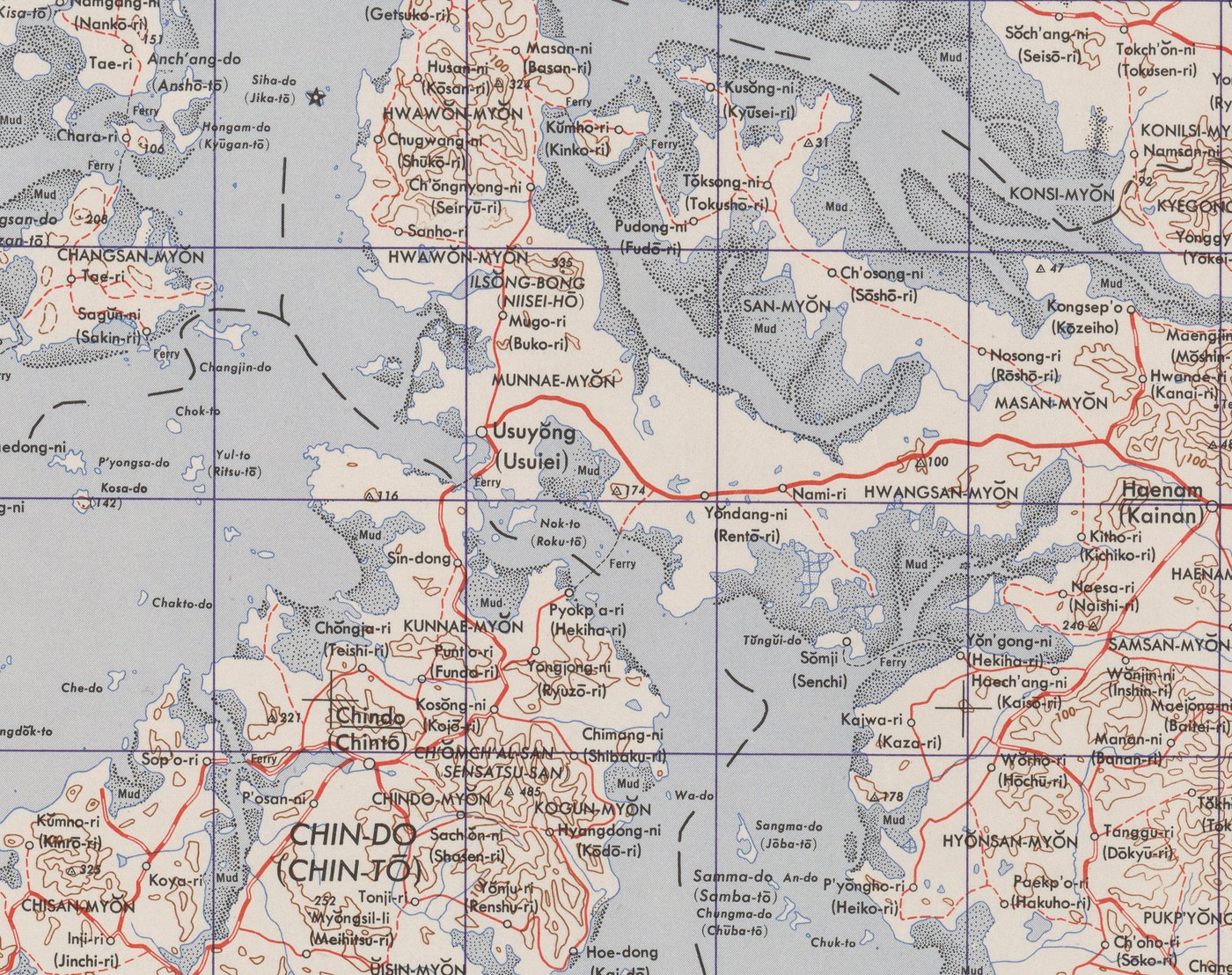 Detail of a printed topographic map in pink, brown and blue showing the north-east corner of Chin-do island, the Hwawon and Haenam peninsulas, a narrow channel marked Ferry below the town of Usuyong, and the village of Pyokp'a-ri on the island shore