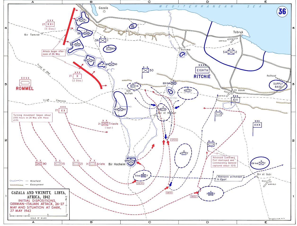 Campaign map of the Gazala line in Libya: blue British positions and minefields running south from Gazala to Bir Hacheim, Tobruk on the coast to the east, and red dashed arrows of the German and Italian armor swinging around the southern end of the line.