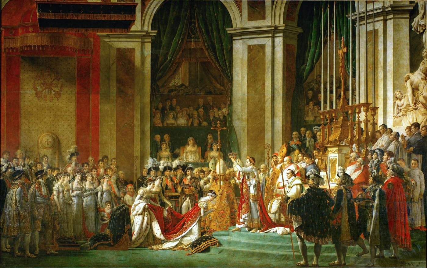 Huge ceremonial painting of Napoleon in red robes holding a crown above the kneeling Josephine in a crowded cathedral